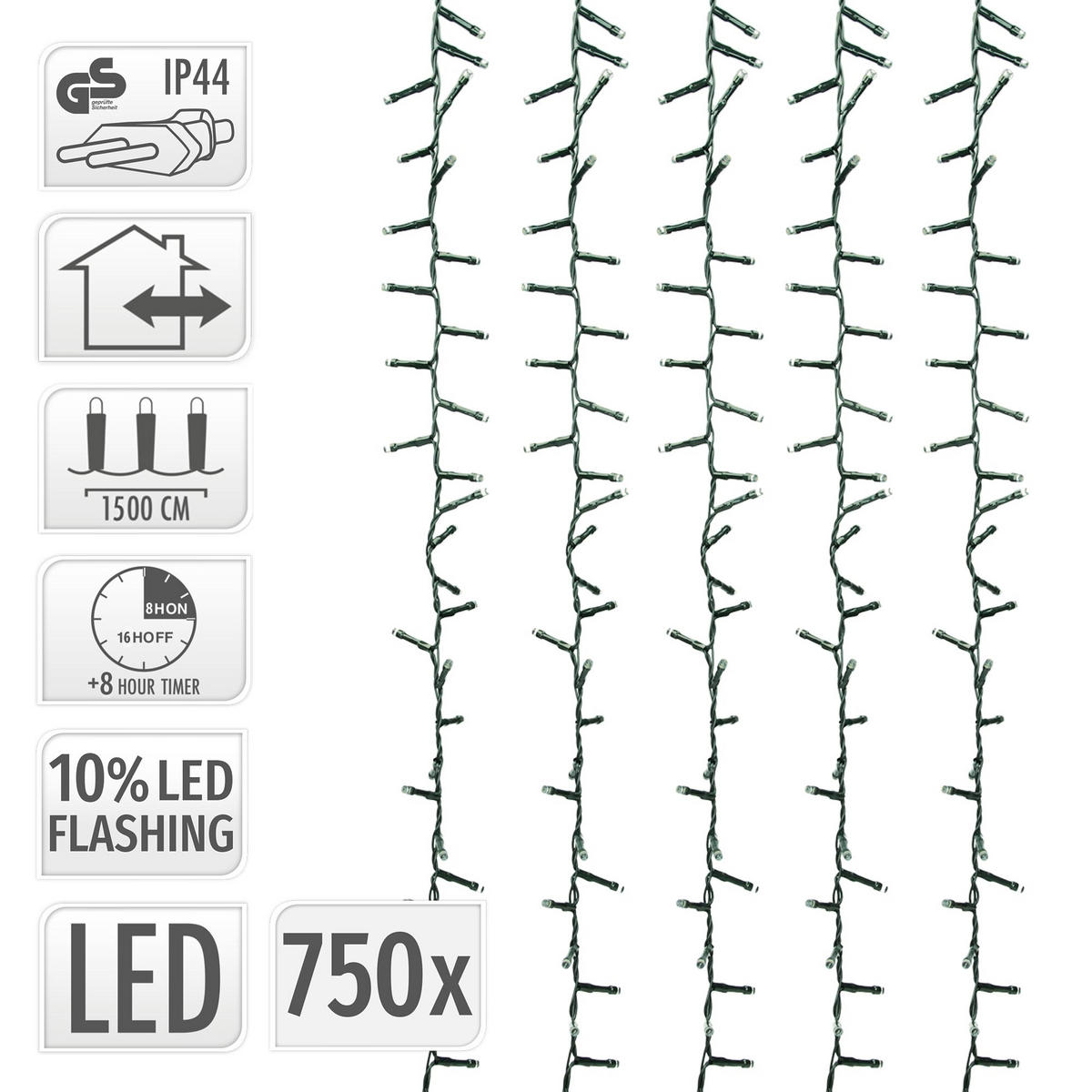 LED světelná řetězová girlanda Cluster pro venkovní i vnitřní použití, 15 m, vánoční osvětlení, 750 LED, teplá bílá - černá, plast (1800cm) - ECD-Germany