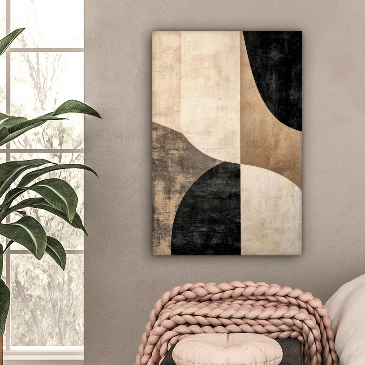 LEINWANDBILD Abstrakt - Flugzeuge - Schwarz - Rund Wanddeko Schlafzimmer 60x90 cm - Beige, Textil (60/90cm) - MuchoWow