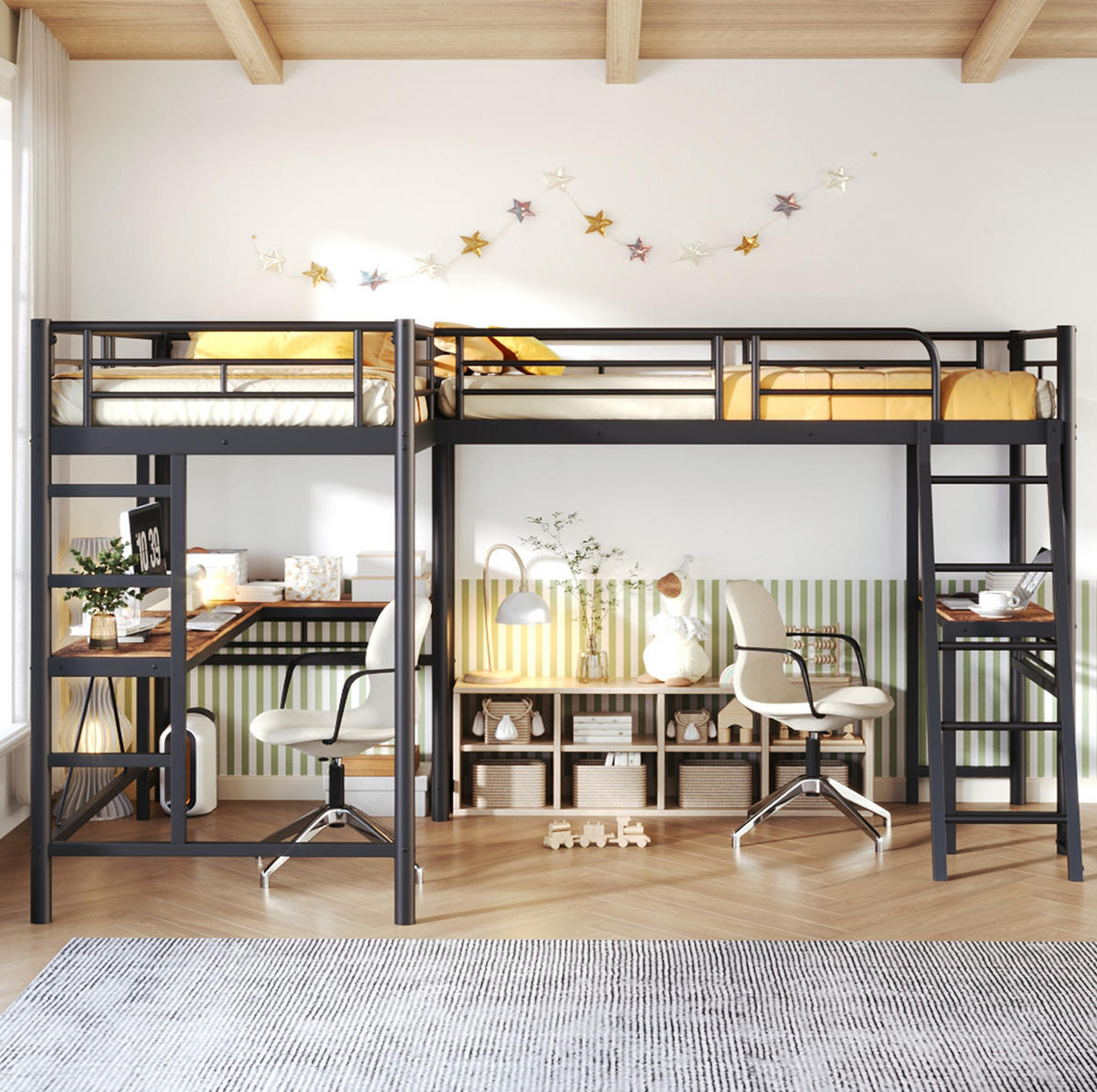 HOCHBETT aus Metall und MDF 90x200 cm Schwarz mit Schreibtisch und hoher Absturzsicherung - Schwarz, Holzwerkstoff (90/200cm) - Modfu