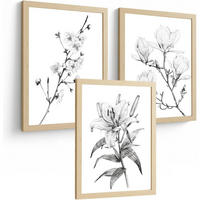 PLAKAT Sada 3 obrázků květin. Dekorativní nástěnné tisky Květiny tužkou. botanický plakát na zeď.Rám z lehkého dřeva velikosti A4 - béžová, papír (29.7/42/3cm)