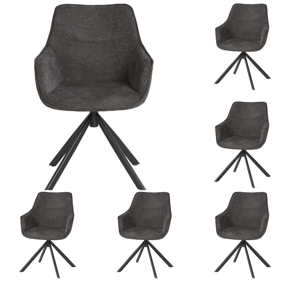 DININGSESSEL San Carlo - 6er Set - drehbar - dunkelgrau - Dunkelgrau/Hellgrau, Textil/Metall (57/87/68cm) - bene living
