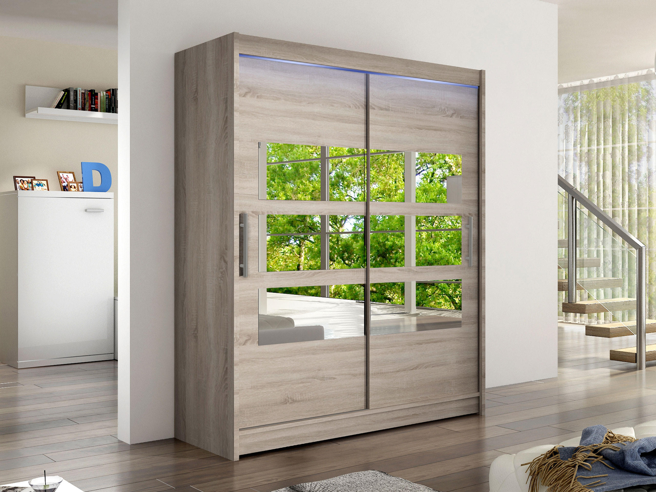 SCHWEBETÜRENSCHRANK Westa VII, mit RGB LED Beleuchtung - Silberfarben/Trüffeleichefarben, Holzwerkstoff/Metall (150/200/58cm) - MIRJAN24