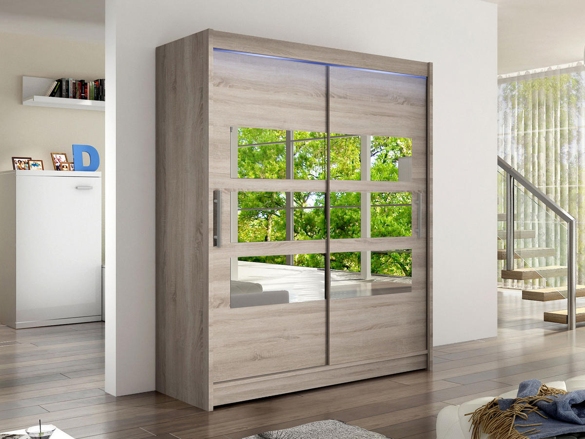 SCHWEBETÜRENSCHRANK Westa VII, mit RGB LED Beleuchtung - Silberfarben/Trüffeleichefarben, Holzwerkstoff/Metall (150/200/58cm) - MIRJAN24