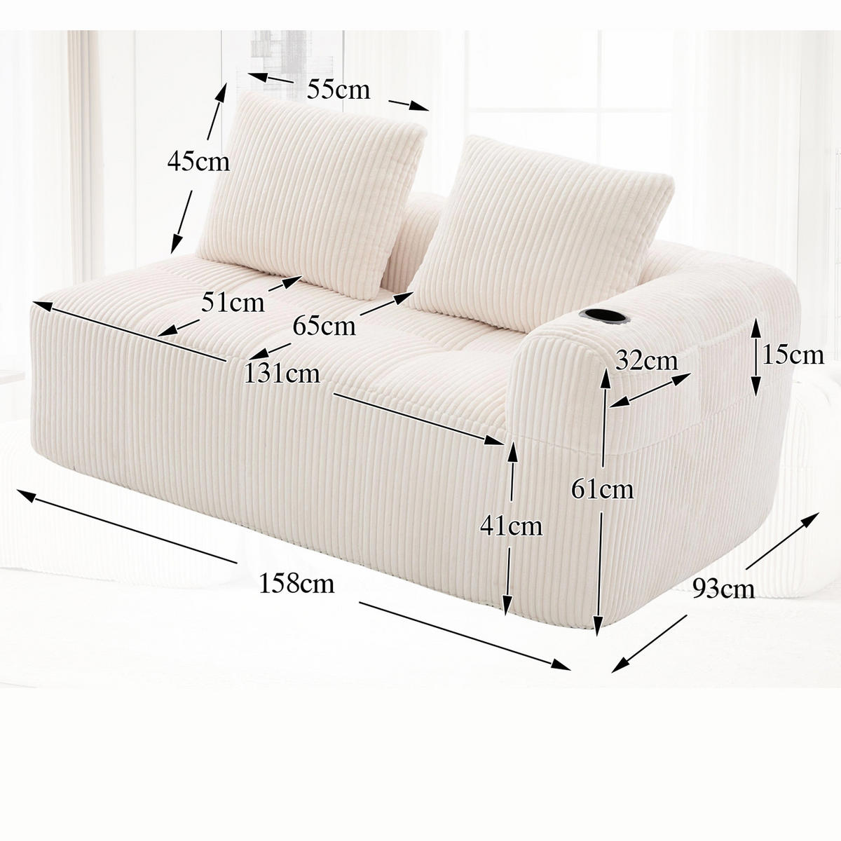 SOFA Modulares 2-Sitzer, Cord, keine Montage erforderlich, Beige - Beige, Textil (93/61/158cm) - Meubles Cosy