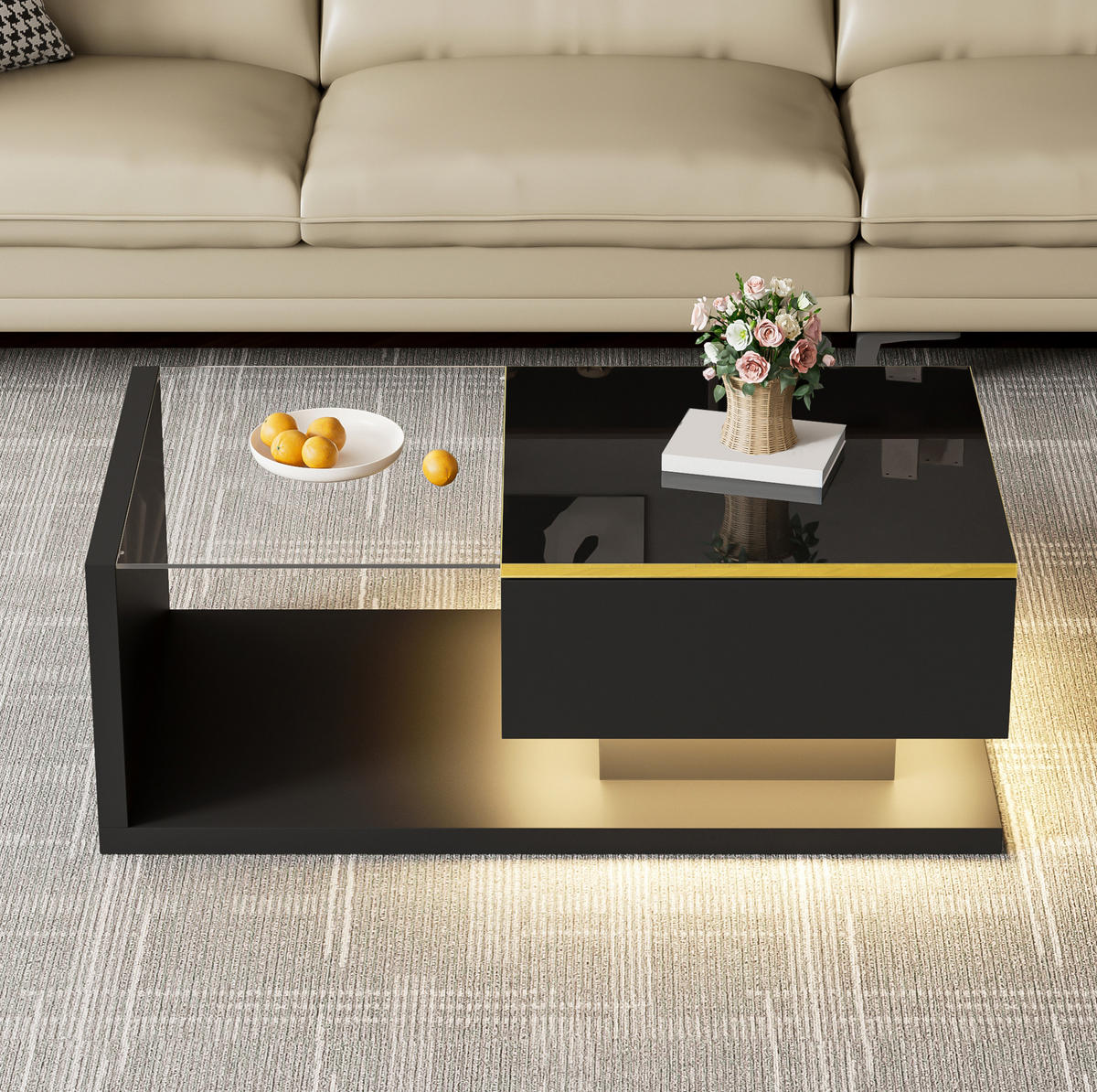 COUCHTISCH mit LED 90 x 50 cm Schwarz mit Glas - Schwarz, Holzwerkstoff (90/50/32.5cm) - Meubliv