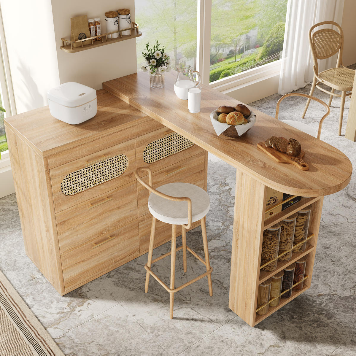 BARTISCH 360° Drehbar 6 Schubladen Rattan Kippsicherung - Naturfarben, Metall (39/128/90cm) - FLIEKS