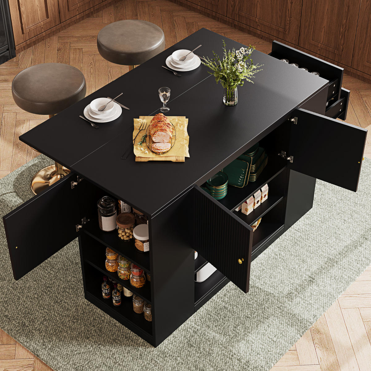 KÜCHENINSEL 140/40/90 cm aus MDF mit klappbarer Tischplatte Schwarz - Schwarz, Holzwerkstoff (140/90/70cm) - Modenvie