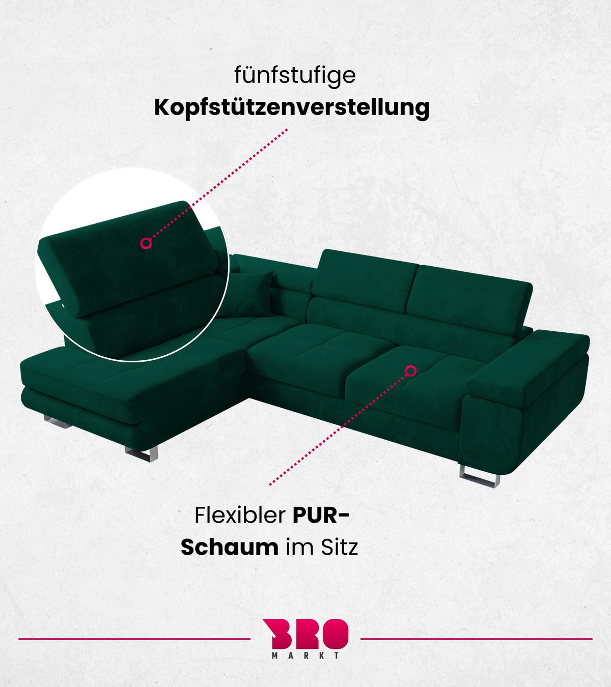 ECKSOFA Anton mit Schlaffunktion Grün Samt - Silberfarben/Grün, Textil/Metall (142/275cm) - Bromarkt