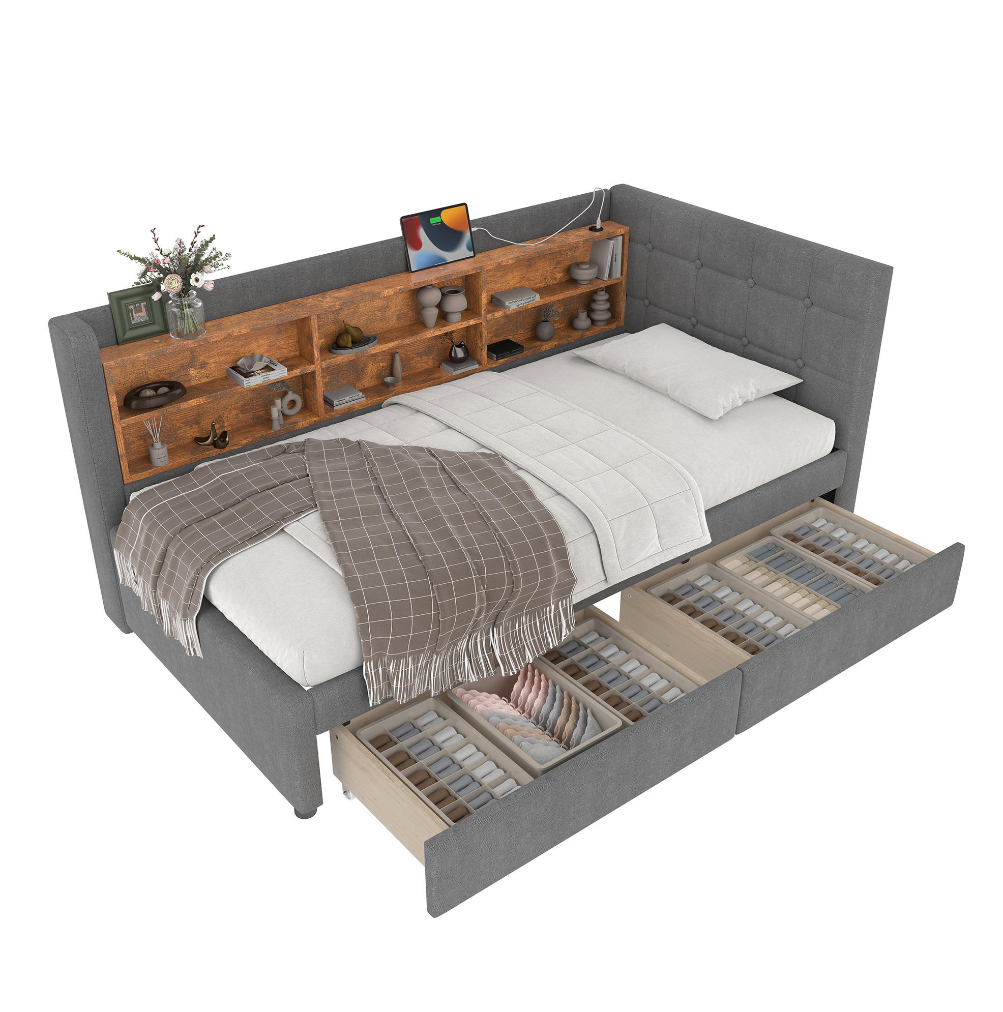 POLSTERBETT 90/200 cm mit 2 Schubladen, USB- und Typ-C-Anschluss, Ablagefächern und Knopfkopfteil, Leinen, Grau - Grau, Textil (90/200cm) - Redom