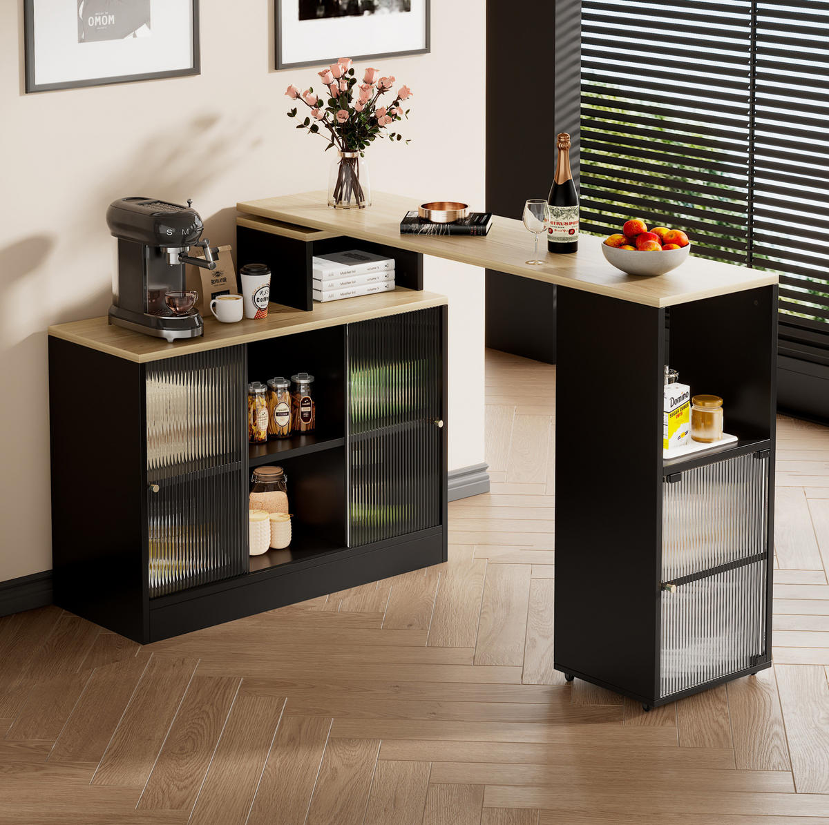 BARTISCH ausziehbar mit Stauraum Schwarz MDF/Glas - Schwarz, Holz (40/90/155cm) - Beauniv