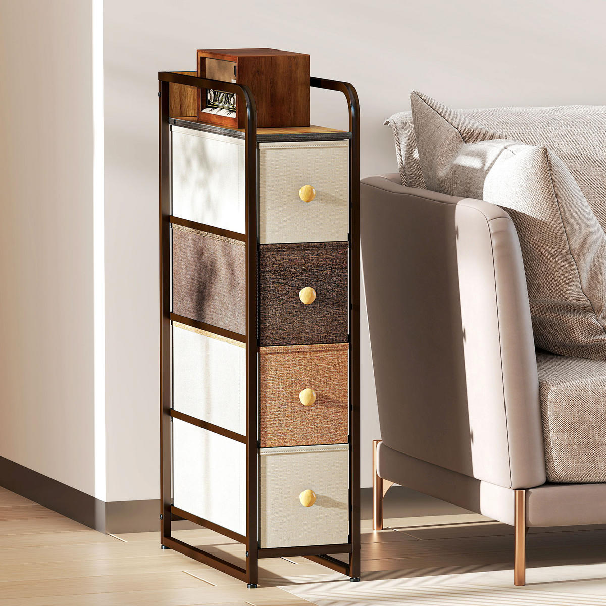 KOMMODE Schrank mit 4 Schubladen aus Vliesstoff Stahlrahmen Schubladenschrank - Multicolor/Braun, Holz/Textil (47/84.5/20cm) - HOMCOM