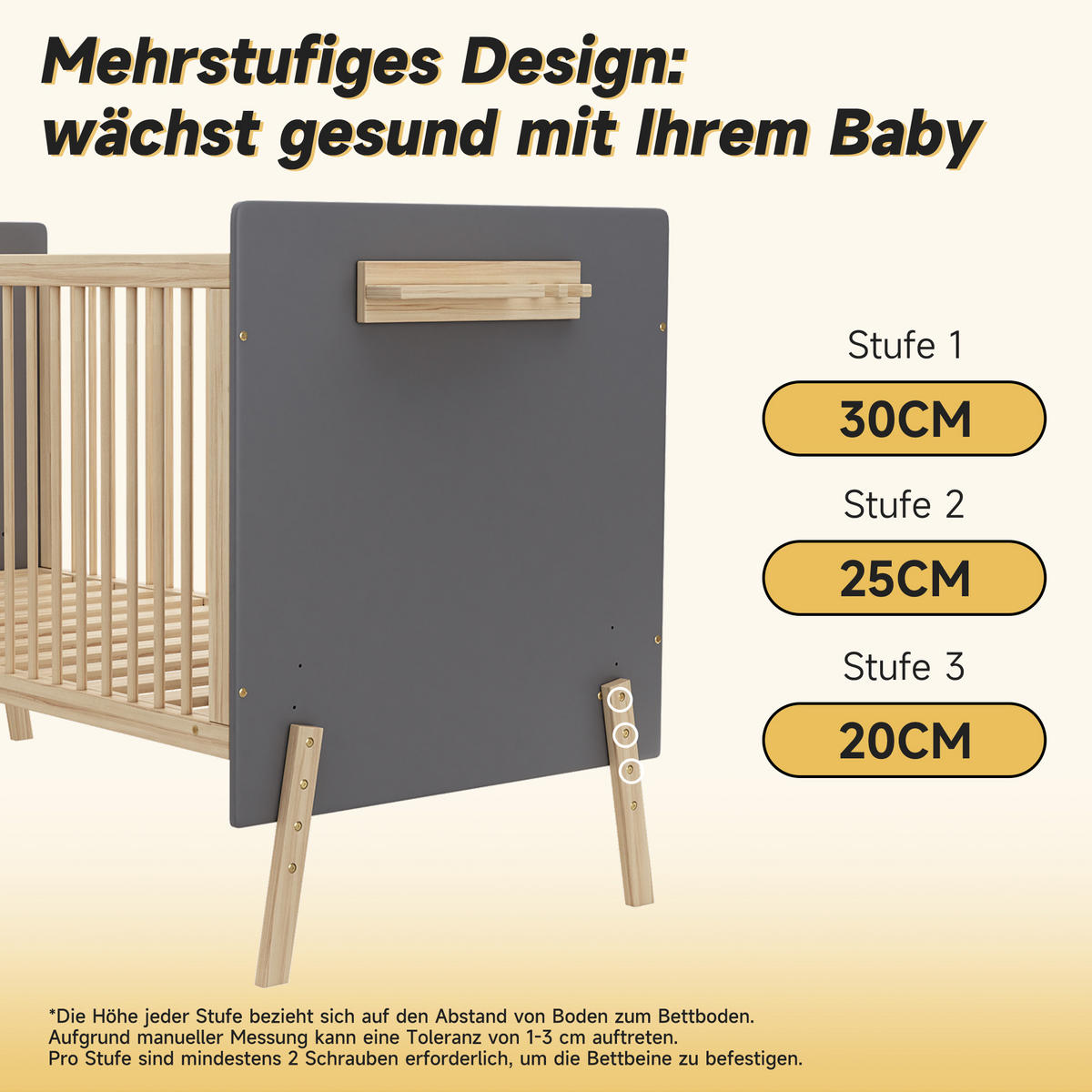 BABYBETT 163x80x92cm Blaugrau + Natur Massivholz 3-Stufen Höhenverstellung - Blau, Holz - FLIEKS