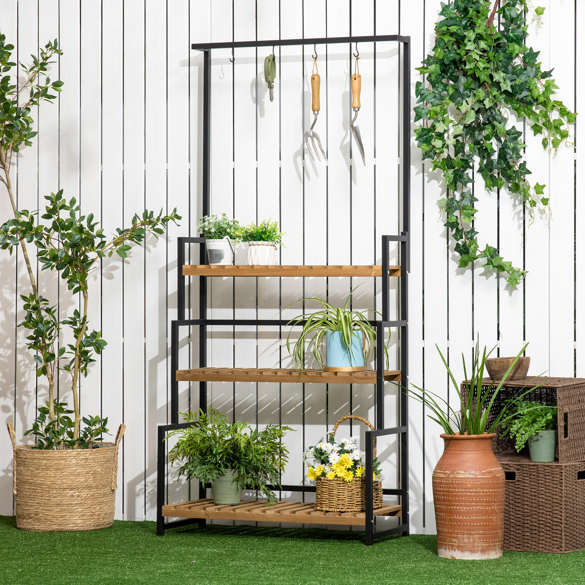 PFLANZENREGAL, Tannenholz, Eisen, Schwarz+Natur - Multicolor, Holz (36/174/80cm) - Outsunny