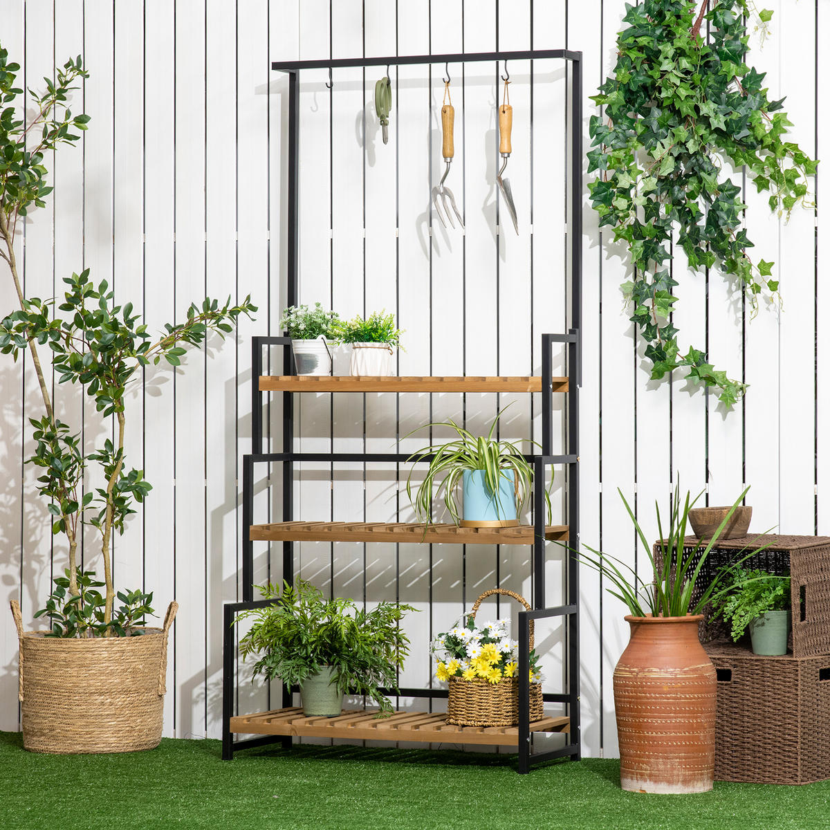PFLANZENREGAL, Tannenholz, Eisen, Schwarz+Natur - Multicolor, Holz (36/174/80cm) - Outsunny