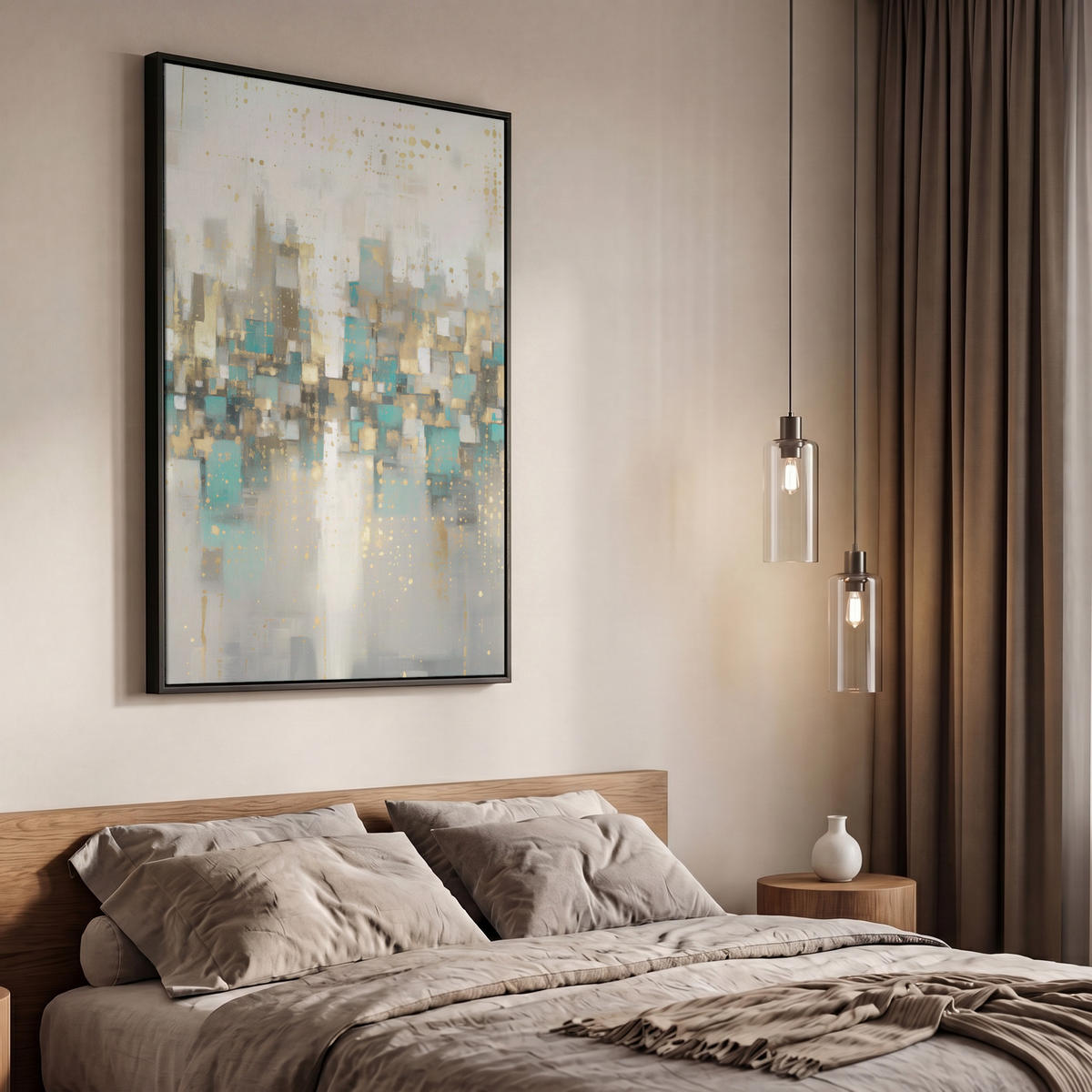 LEINWAND Bilder mit Rahmen - Abstrakt - Blöcke - Gold - Skyline - 60x90 - Beige, Textil (60/90cm) - MuchoWow
