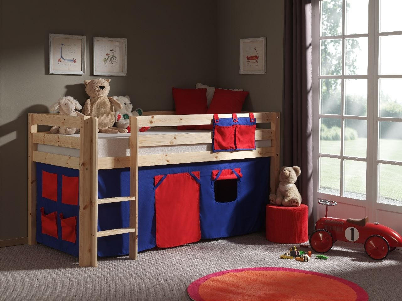 KINDERBETT Karolina 210x114x106 Massivholz Natur Textilset Domino - Dunkelblau/Kieferfarben, Holz (90/200cm) - 58aufmkessel