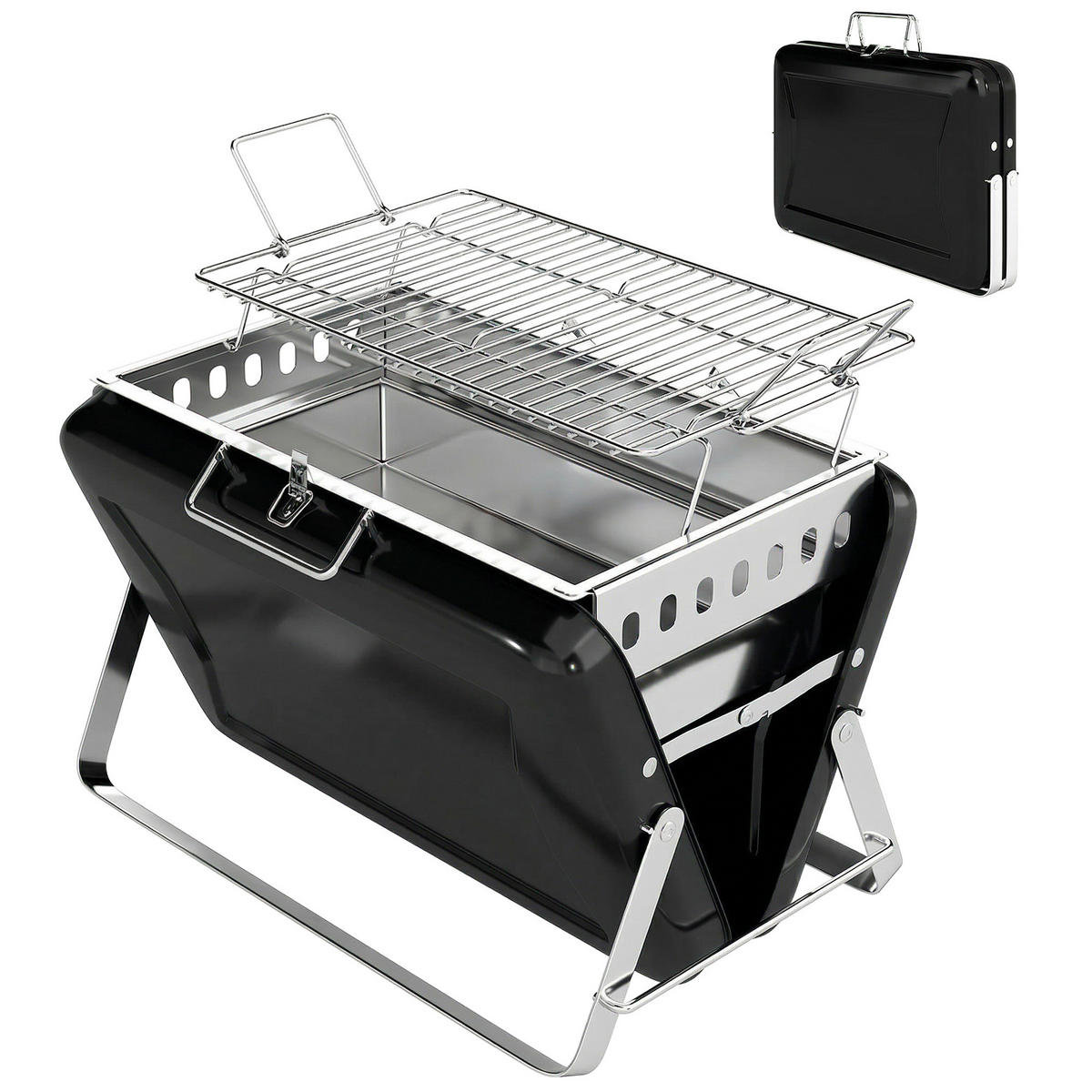 HOLZKOHLEGRILL DE-10250 Aktenkoffer-Design, klappbare Beine Schwarz - Schwarz, Metall (28/25.5/40cm) - ComfortXL