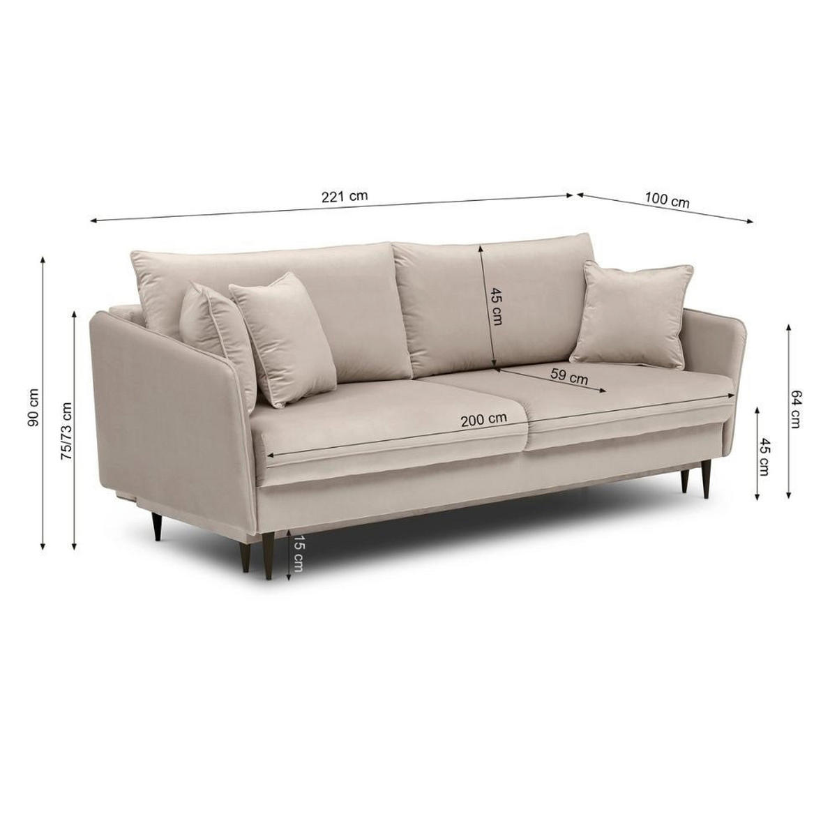 SCHLAFSOFA Volio Beige schwarzen Beinen - Beige/Schwarz, Textil/Metall (221/90/100cm) - Selsey