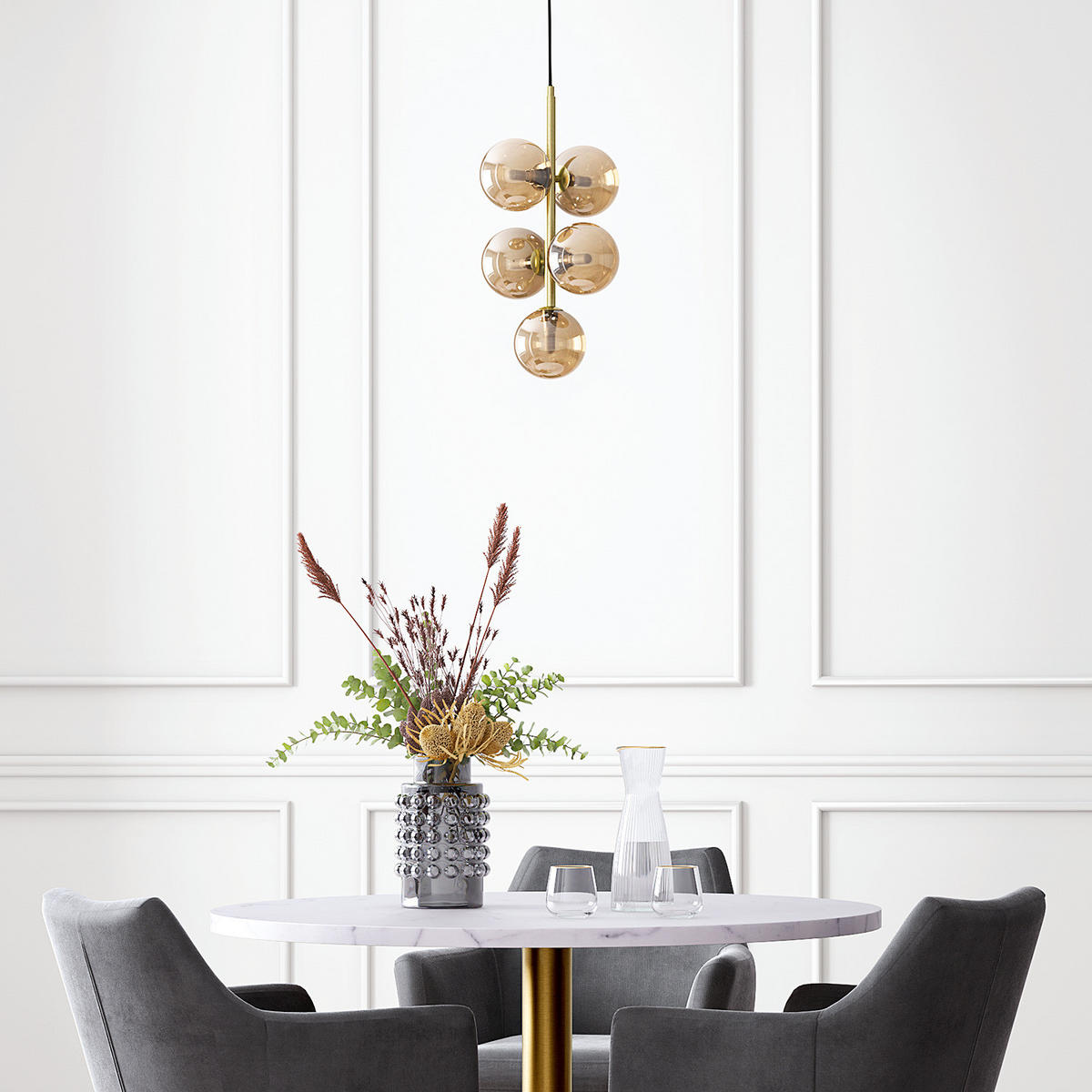 PENDELLEUCHTE - Metall / Glas - 5-flammig - Goldfarben/Bernsteinfarben, Glas/Metall (28/28/167cm) - home24