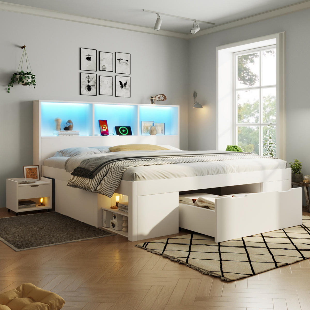 BETT 140/190 cm in Weiß mit Schublade, Regalen, LED und USB Type-C Holz Design - Weiß, Holzwerkstoff (140/190cm) - STILVORA