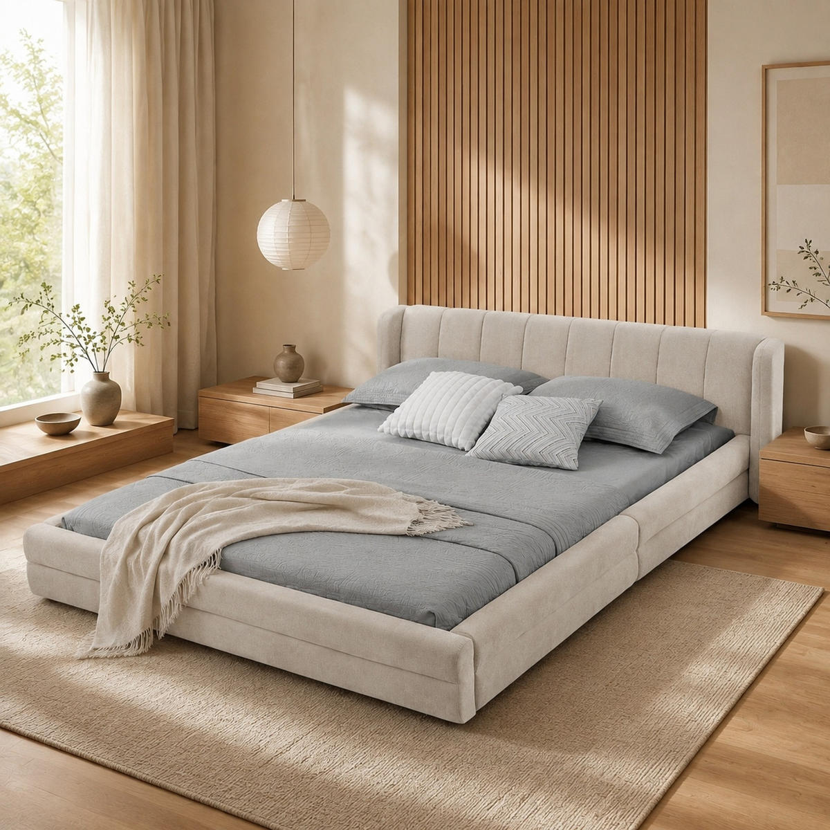 POLSTERBETT 140/200 cm in Beige aus Chenille mit gepolstertem Kopfteil - Beige, Kunststoff (140/200cm) - Flora Grace