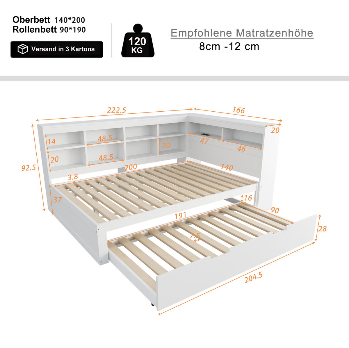 MULTIFUNKTIONSBETT 140/200 cm Weiß mit Ausziehbett und USB-Steckdose - Weiß, Holz (140/200cm) - OKWISH