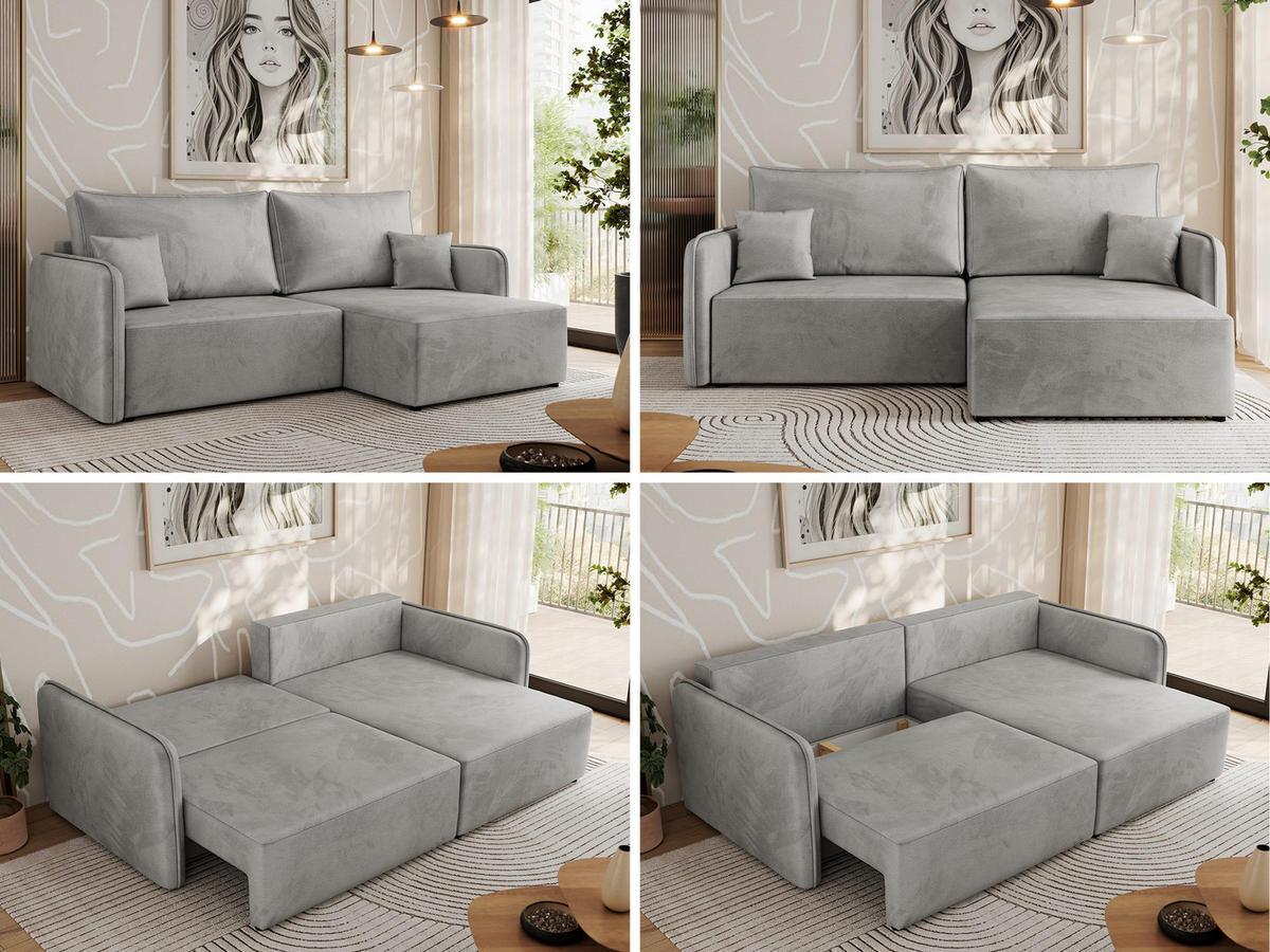 ECKSCHLAFSOFA MESTO L Hellgrau Velvet - rechts - Hellgrau/Schwarz, Kunststoff/Textil (147/227cm) - MKS