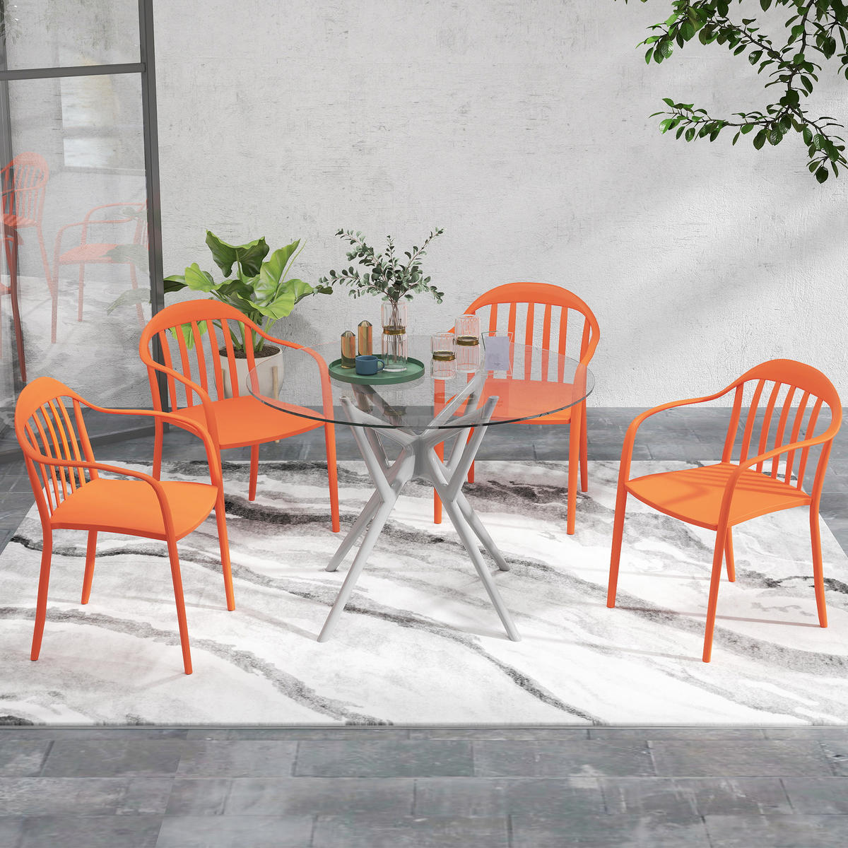 GARTENSTUHL 4er Set wetterfest Gartenstühle aus Kunststoff Stapelstuhl mit Armlehne Rückenlehne bis 120 kg belastbar - Rot, Kunststoff (57/78/54cm)