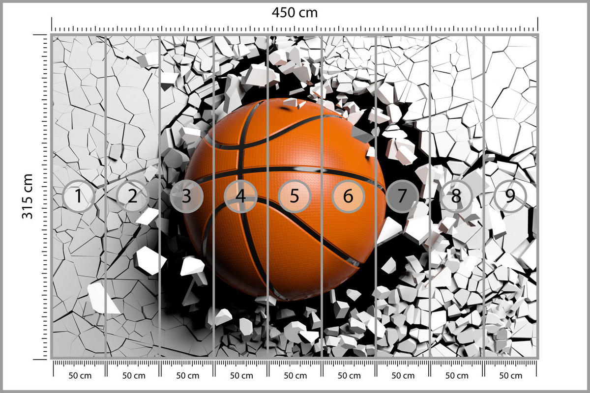 FOTOTAPETE für Jugendzimmer Basketball Wandbruch Sport 450x315 - Schwarz/Orange, Papier (450/315cm) - Muralo