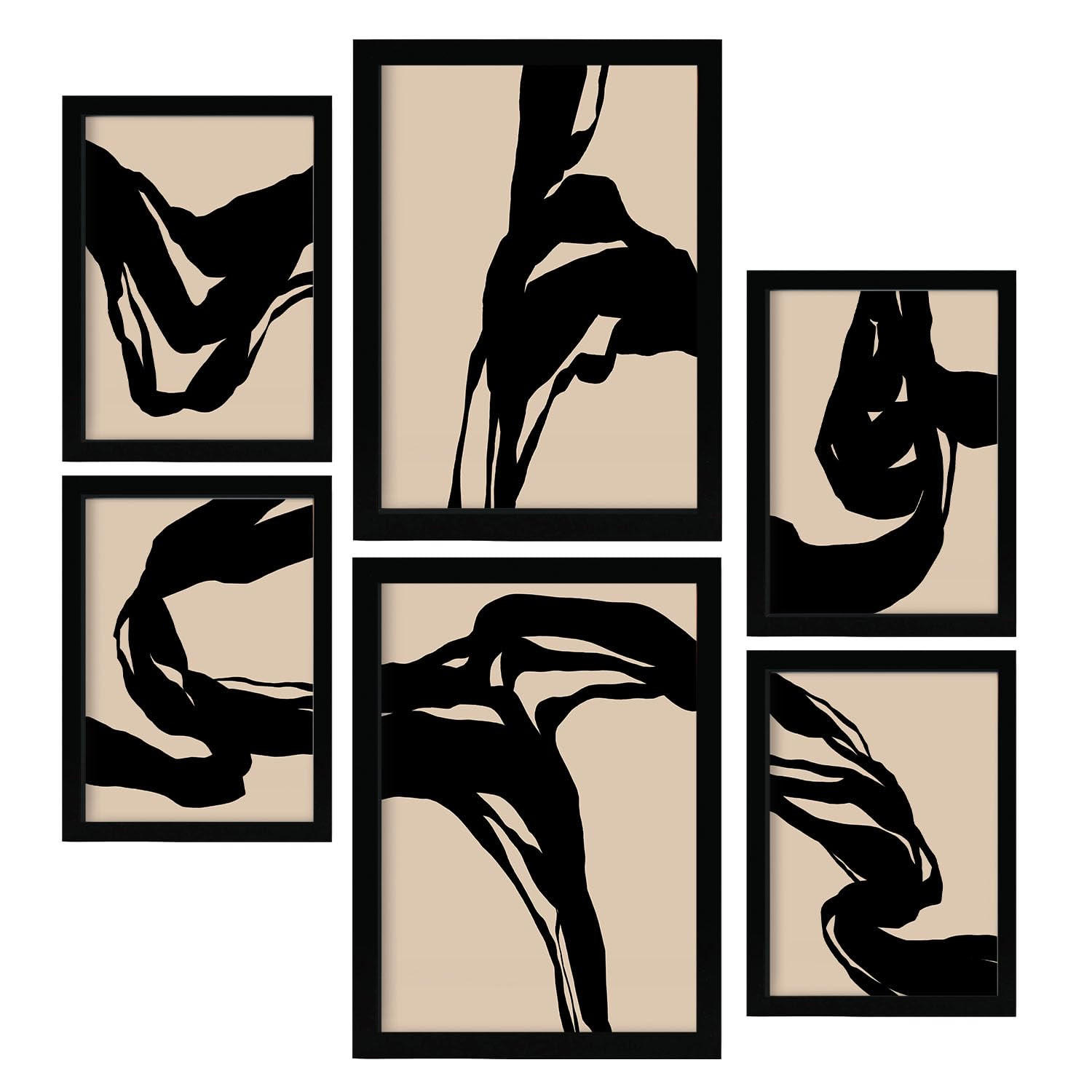 POSTER Set Mit 6 Kraftvoll In Abstrakter Form Ästhetische Dekorative Gemälde Für Ihr Wohnzimmer, Schlafzimmer Oder Zuhause A3 & A4 Schwarzer Rahmen - Schwarz, Papier (29/3cm) - Nacnic