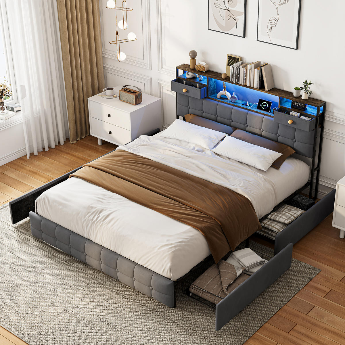 POLSTERBETT 160x200cm mit LED-Beleuchtung, Ladestation & Stauraum - Grau, Holz - SHOPENTRA