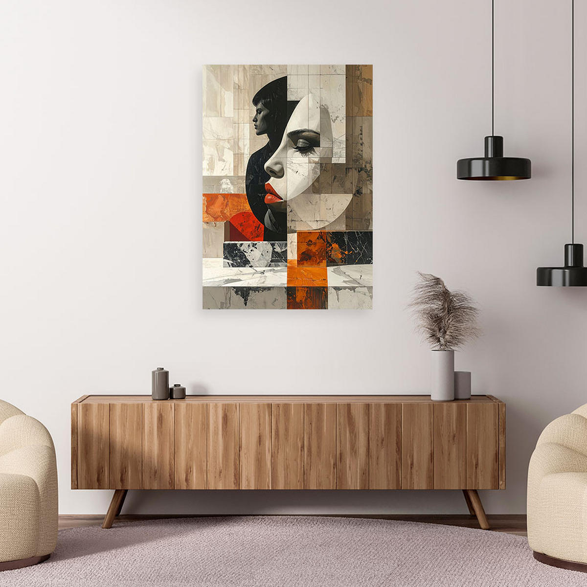 LEINWANDBILDER, Geometrisches Porträt einer Frau in Beige- und Rottönen - Grau, Textil (80/120cm) - Feeby