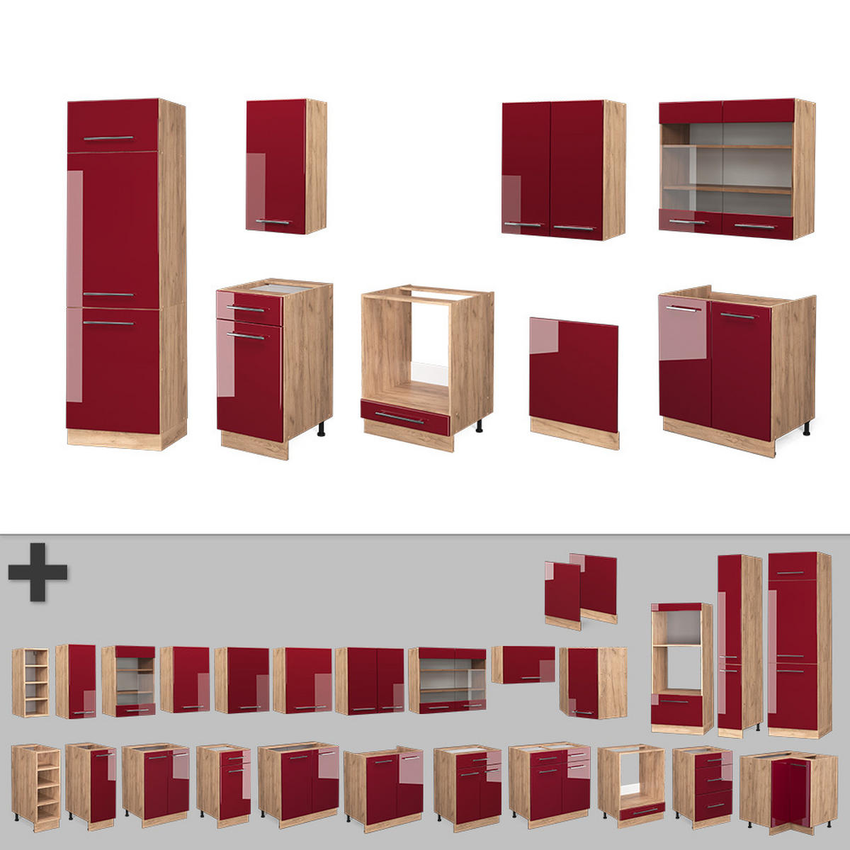 KÜCHENZEILE Fame-Line Bordeaux Hochglanz/Goldkraft Eiche 300 cm ohne AP - Bordeaux/Eiche Wotan, Holzwerkstoff (300/81.6/46cm) - Vicco