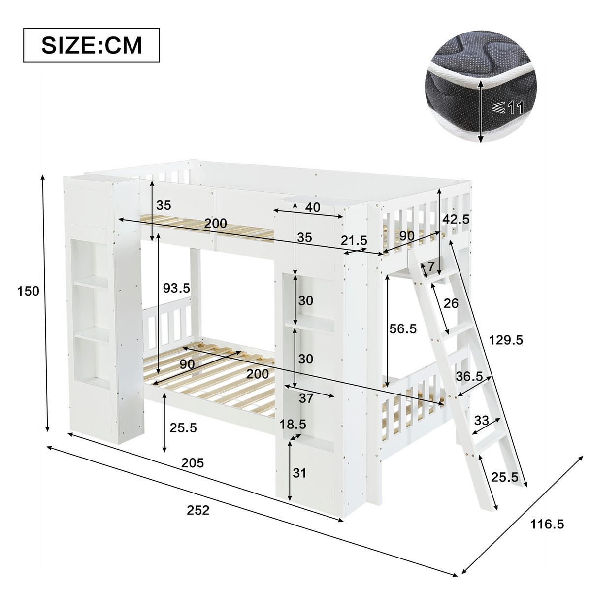 ETAGENBETT 90/200 cm in Weiß mit 2 Frontschränken, Hängeregal, Leiter und Rausfallschutz aus Massivholz und MDF - Weiß, Holzwerkstoff (90/200cm) - STILVORA