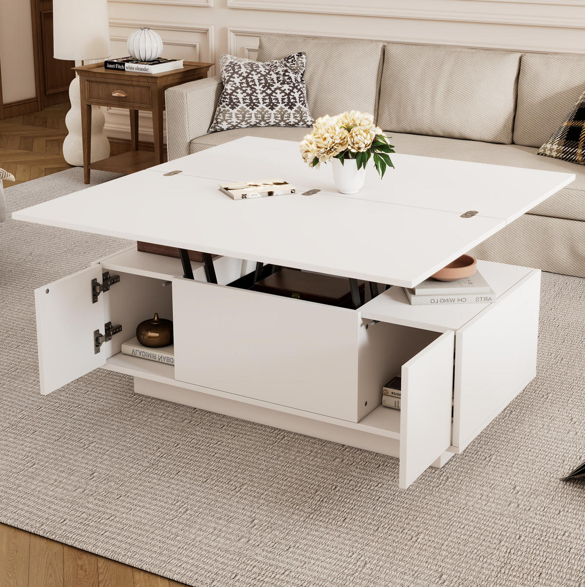 COUCHTISCH 100/50/43 cm mit Doppel-Hebemechanismus, verstecktem Stauraum und 2 Türen, Spanplatte, Weiß - Weiß, Holzwerkstoff (100/50/43cm) - Redom