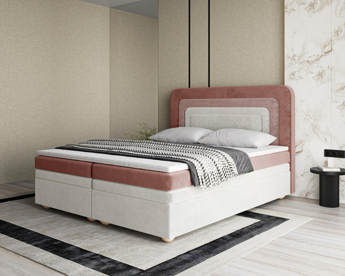 BOXBETT - Bett 10 NEST - Riviera - 140x200 cm - Modernes Polsterbett mit Bettkasten - Rosa, Holz (140/200cm) - ROYAL24_MARKT