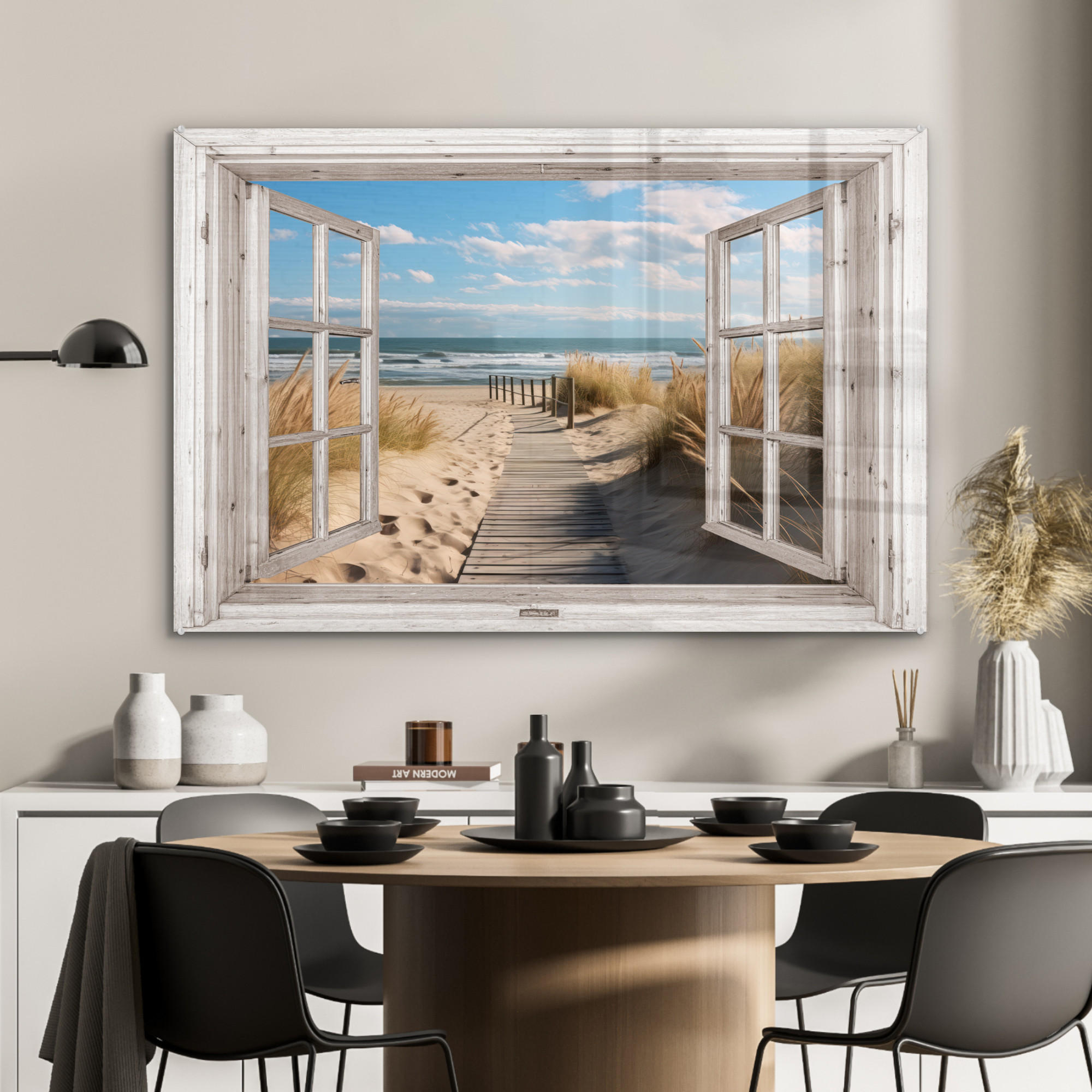 ACRYLGLASBILD Fenster - Meer - Küste - Natur - Ausblick - Strand - Wattenmeer 120x80 cm - Beige, Glas (120/80cm) - MuchoWow