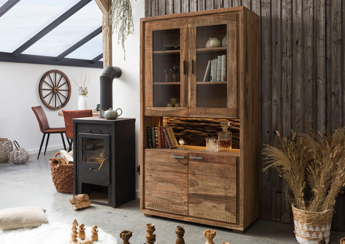 VITRINE Akazie 98x40x180 natur lackiert BARK #109 - Braun, Holz (98/180/40cm) - Massivmoebel24