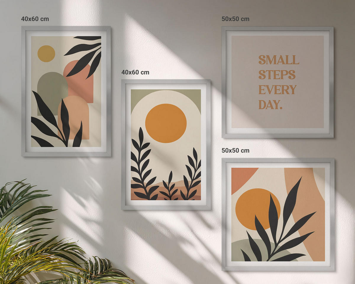WANDBILDER 4er Set - 50x50 cm & 40x60 cm Silberner Rahmen - Abstrakte Pflanzenmotive - Silberfarben, Kunststoff (50/50cm) - ArtPrintCave