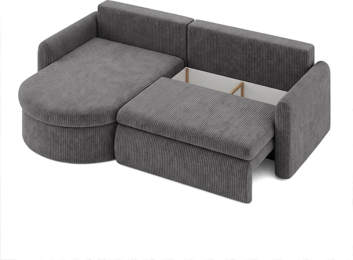 ECKSOFA Cora mit Schlaffunktion & Stauraum, Universell Rechts/Links, Grau Cord Chenille 260/82/160 cm - Schwarz/Grau, Kunststoff/Textil (250/160cm) - WFL GROUP