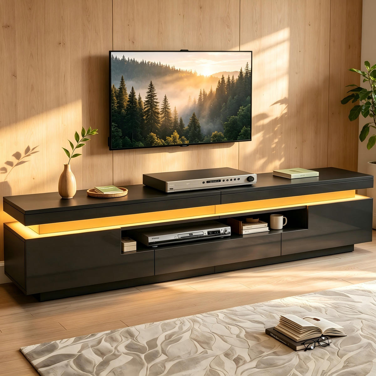 TV-ELEMENT 175/38/45 cm Hochglanz Schwarz mit LED-Beleuchtung und Stauraum - Schwarz, Holzwerkstoff (38/45/175cm) - Korfee