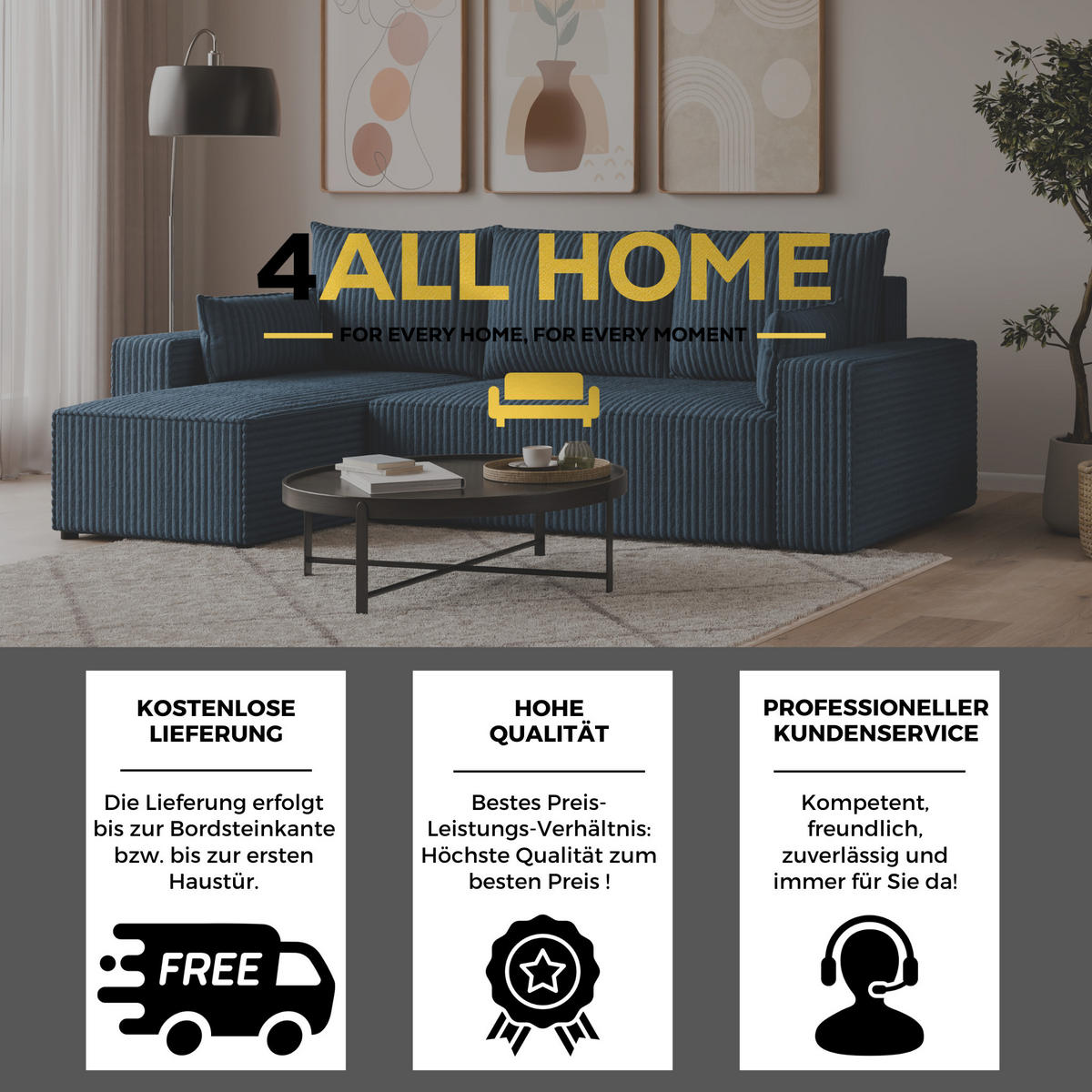 ECKSOFA Tobi mit Bettkasten und Schlaffunktion, L-Form, Cordstoff, Universal - Dunkelblau, Holzwerkstoff (246/145cm) - 4ALL HOME