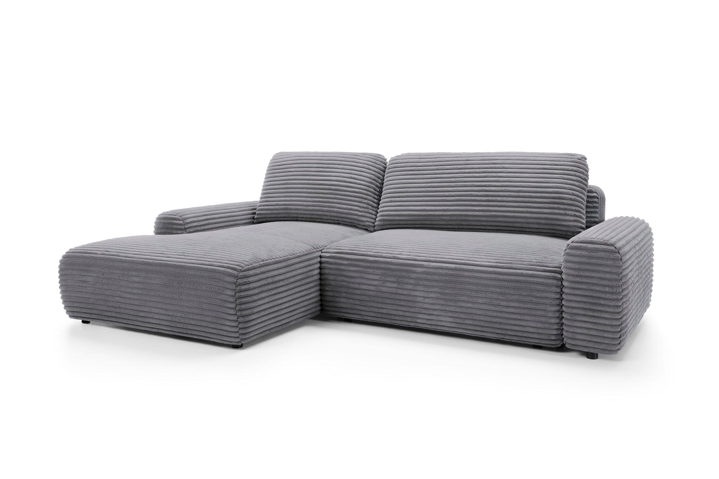 ECKSOFA OSSO Grau Velours-Stoff mit Schlaffunktion - Grau, Holz (264/162cm) - MASSENO