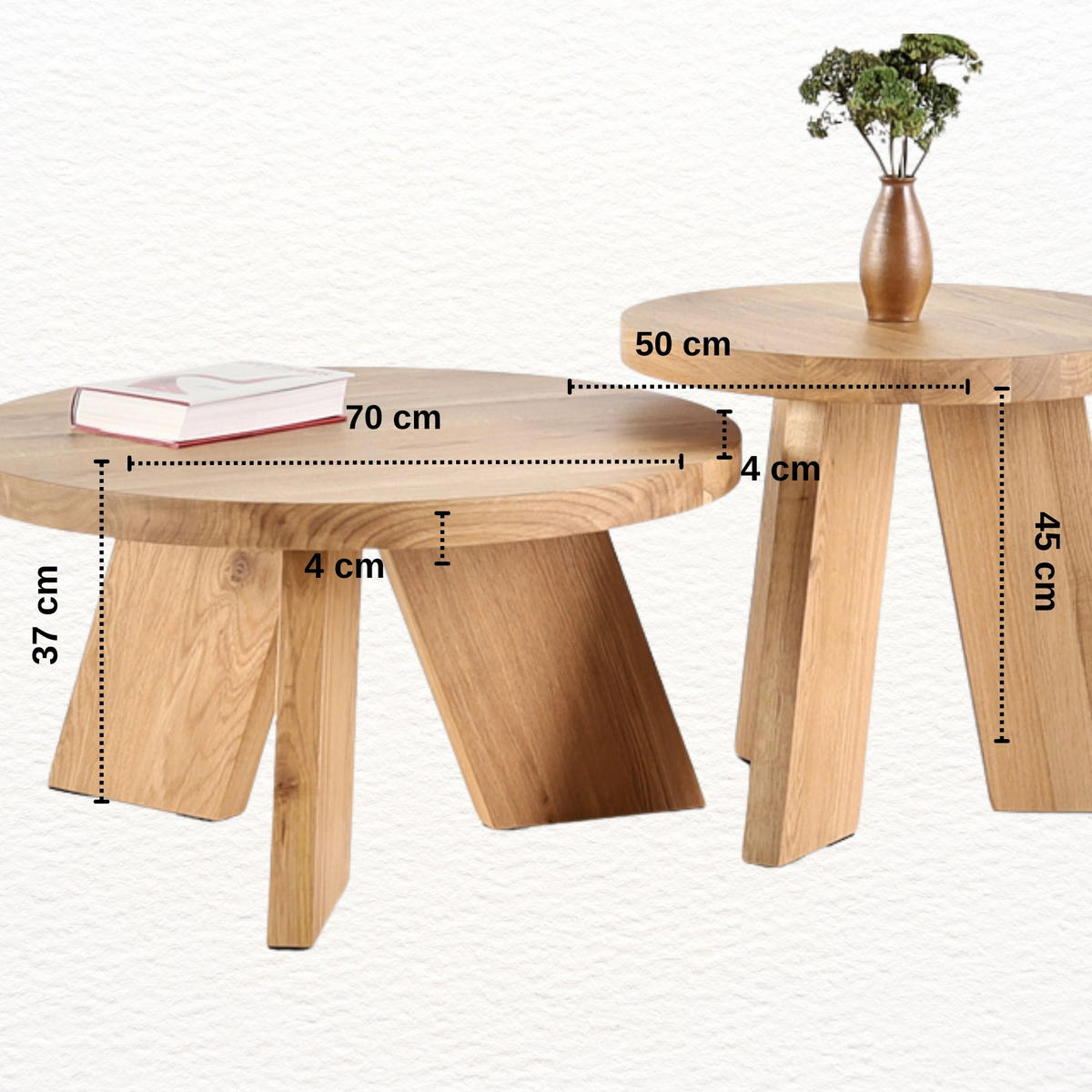 COUCHTISCH SET Eichenholz vollmassiv rund Naturbelassenen 70/70/37 - Naturfarben, Holz (70/70/37cm)