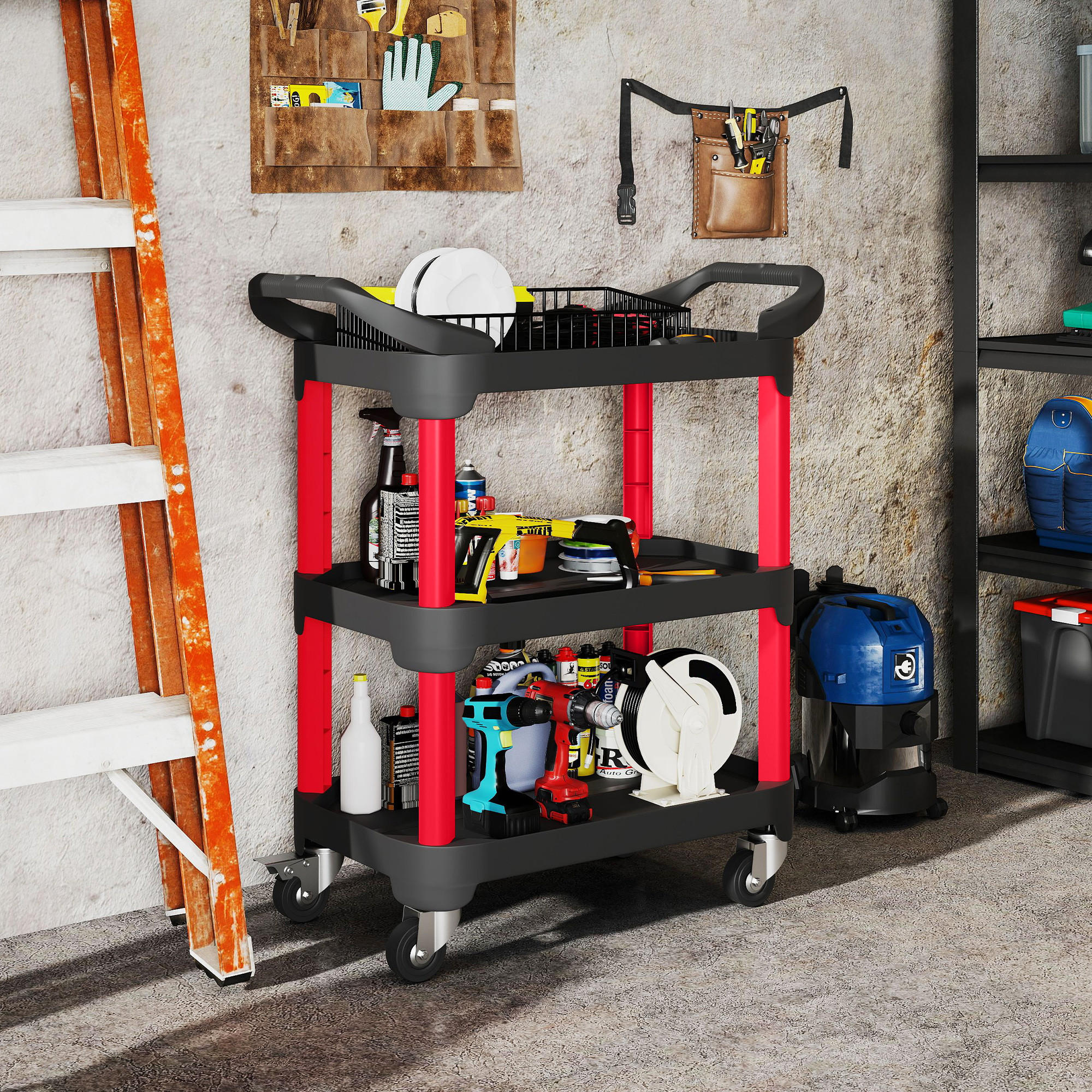 WERKSTATT-ROLLWAGEN mit 3 Ebenen Werkstattwagen 81 x 43 x 96 cm Schwarz - Schwarz, Kunststoff (43/96/81cm) - HOMCOM