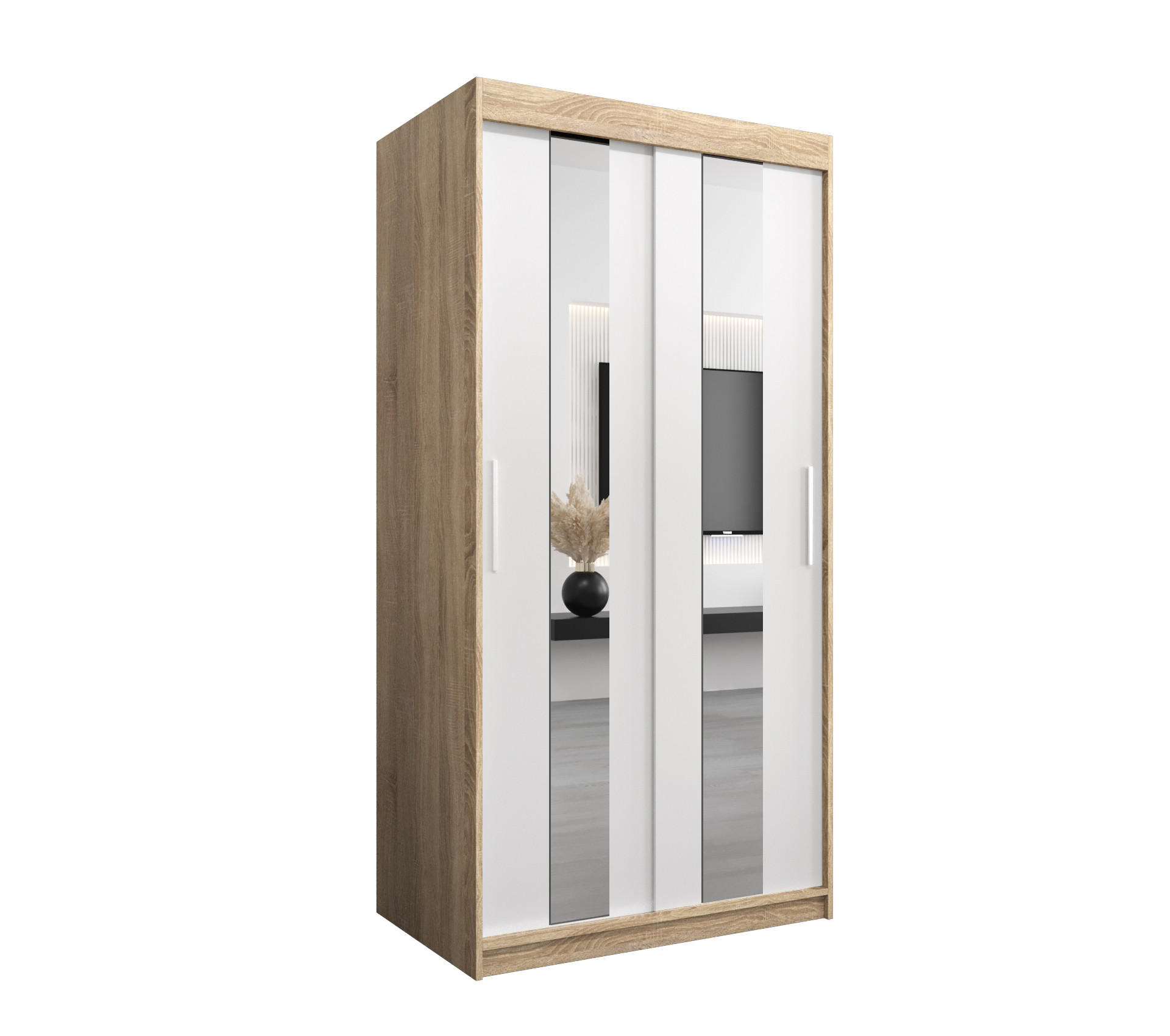 Abiks Möbel Schwebetürenschrank Sonoma Eiche, Weiß 100x200x62 cm