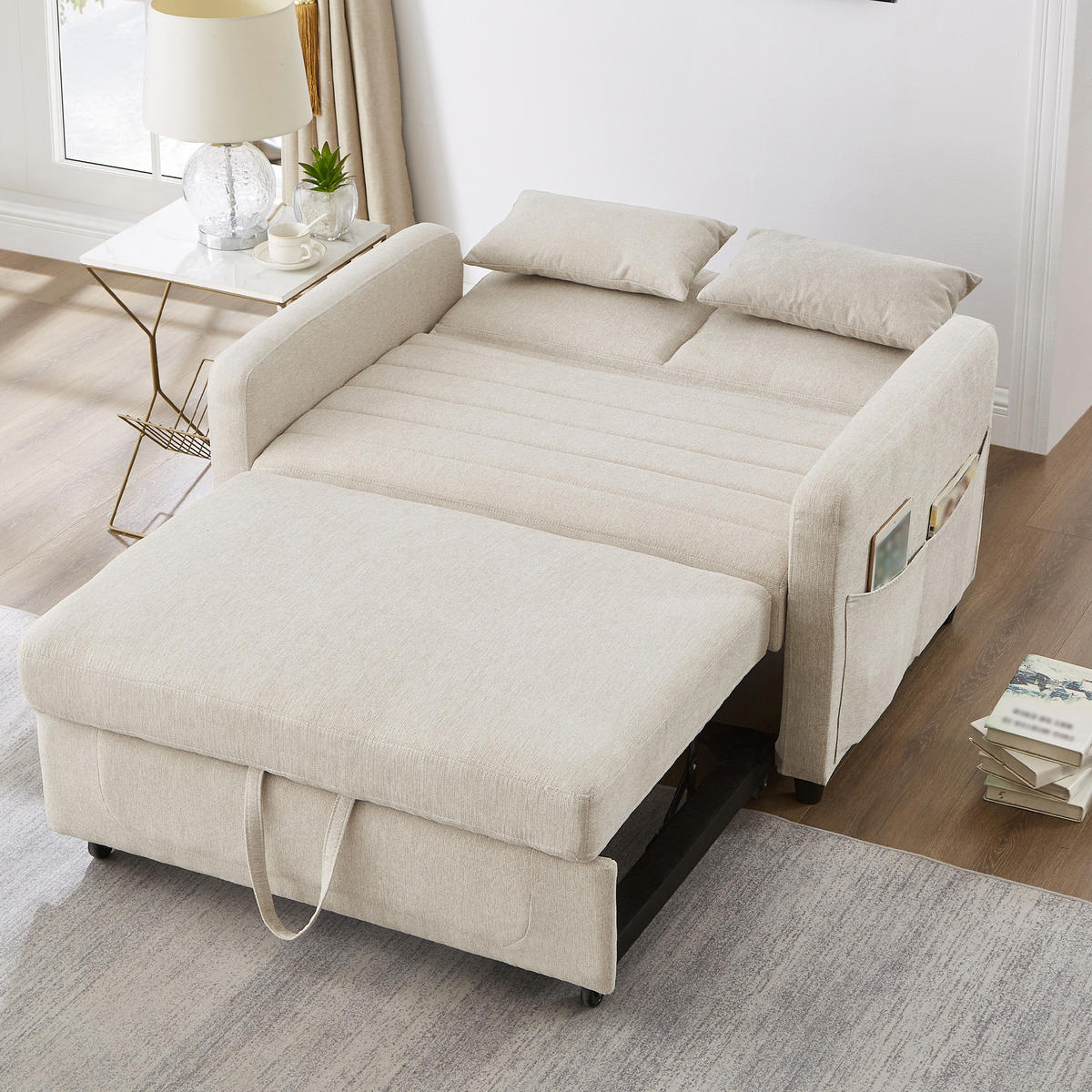 SOFA mit Schlaffunktion Zweisitzer Ausziehbar mit 3-stufig verstellbarer Rückenlehne PU Antik Schwarz 156/100 cm - Beige, Kunststoff (114/82.5/77cm) - OKWISH
