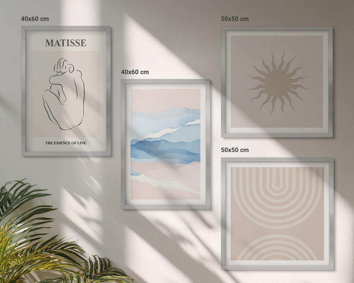 BILDER SET 4er Set - 50x50 cm & 40x60 cm Silberner Rahmen - Linien, Wellen, Pastellfarben, minimalistisch - Silberfarben, Kunststoff (50/50cm) - TULUP