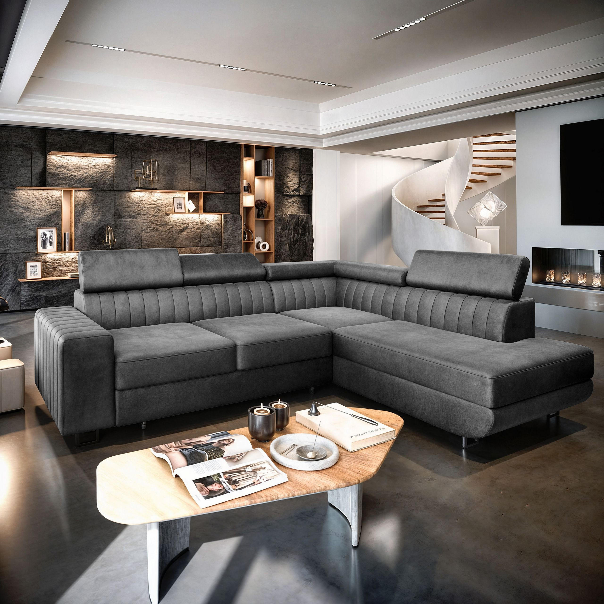 ECKSOFA NOLA R-S Grau Velours-Stoff mit Schlaffunktion - Grau, Holz (253/190cm) - MASSENO