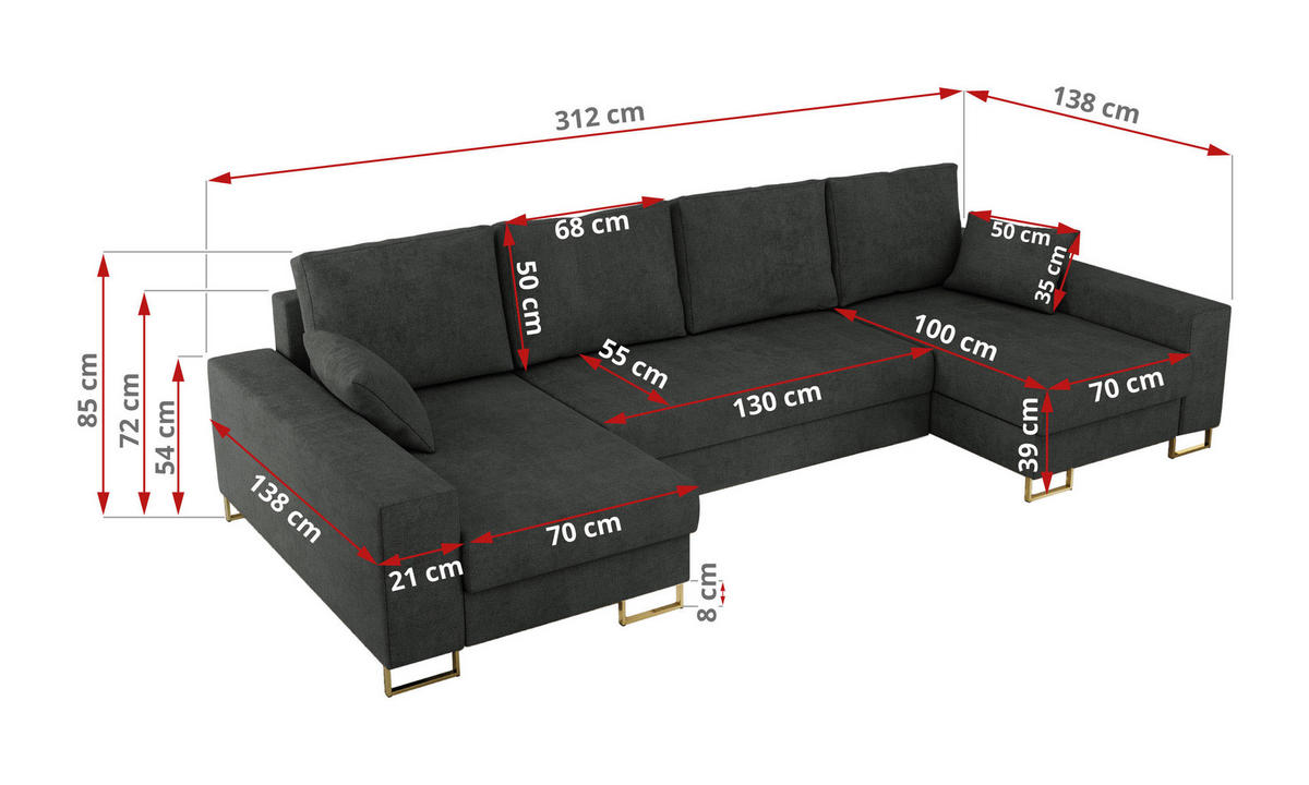 WOHNLANDSCHAFT DORIAN U Struktur Dunkelgrau - Dunkelgrau/Goldfarben, Textil/Metall (312/85/138cm) - MKS